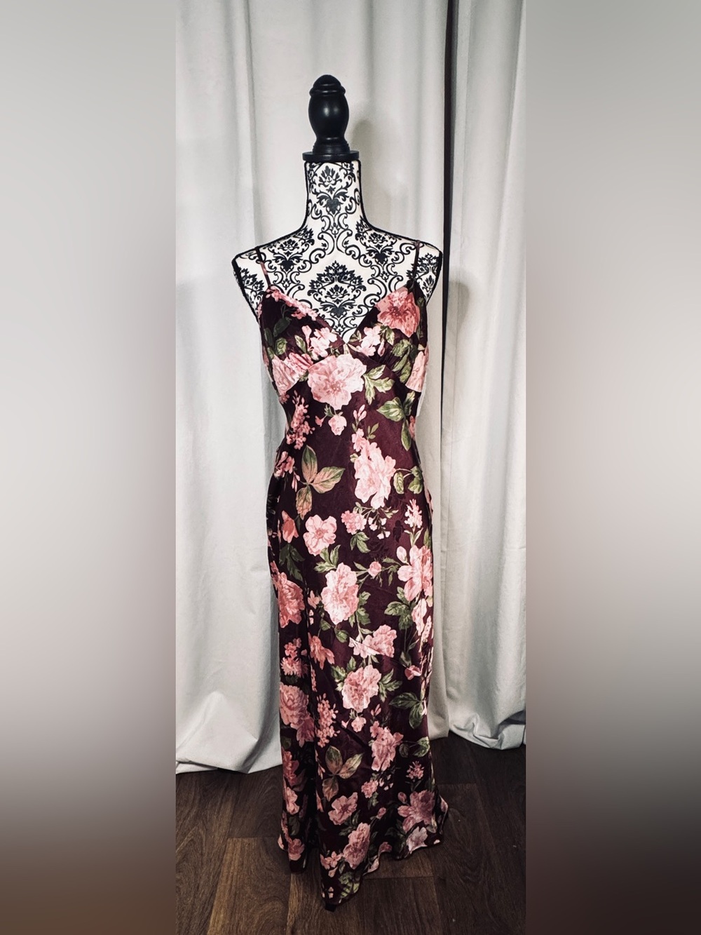 Elegant Burgundy Floral Slip Midi Dress with Pink Blooms
